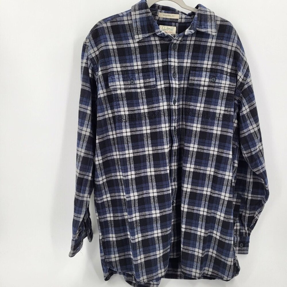 LL BEAN Plaid Shirt Mens XL Tall Blue Gray Blk Heavy Cotton Chamois Cloth‎
